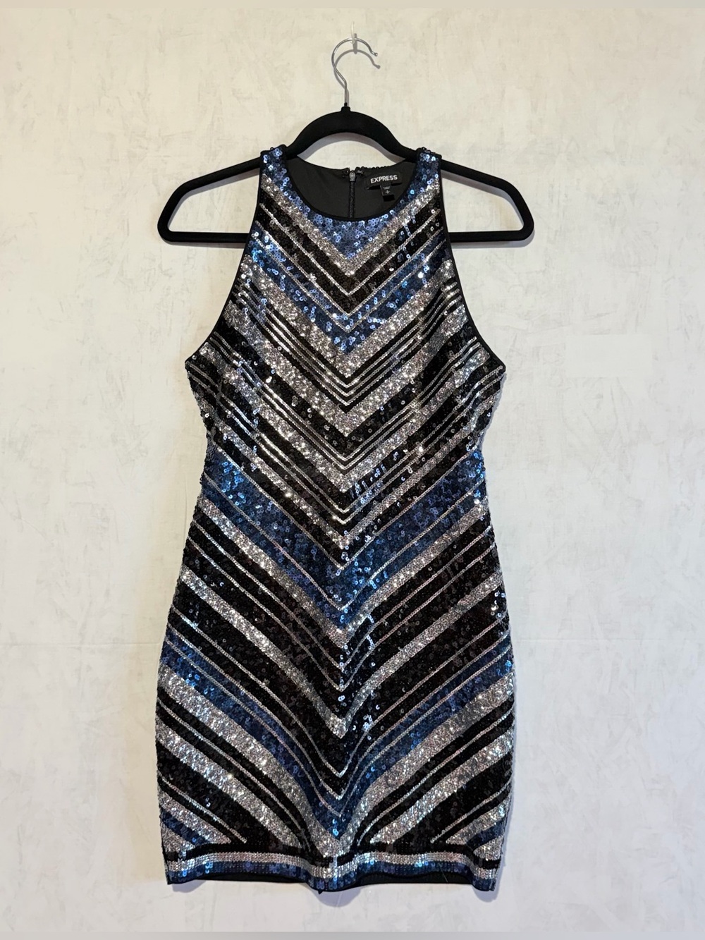 Express Sequin Sheath Dress; Black, Silver, Blue Embellished Design Size Small